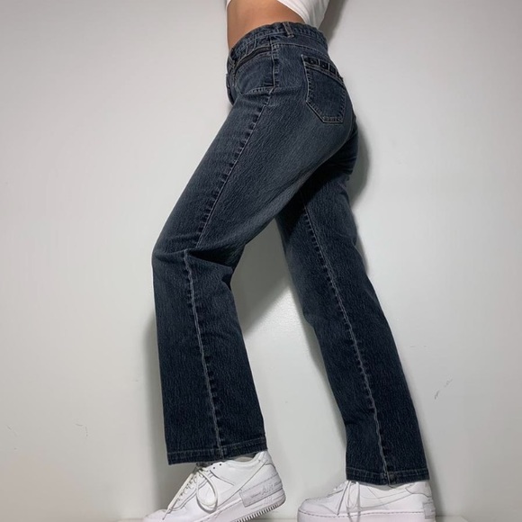 Y2K HIGH WAISTED DARK WASH WIDE LEG FLARE FRONT POCKETS JEANS - Picture 3 of 4